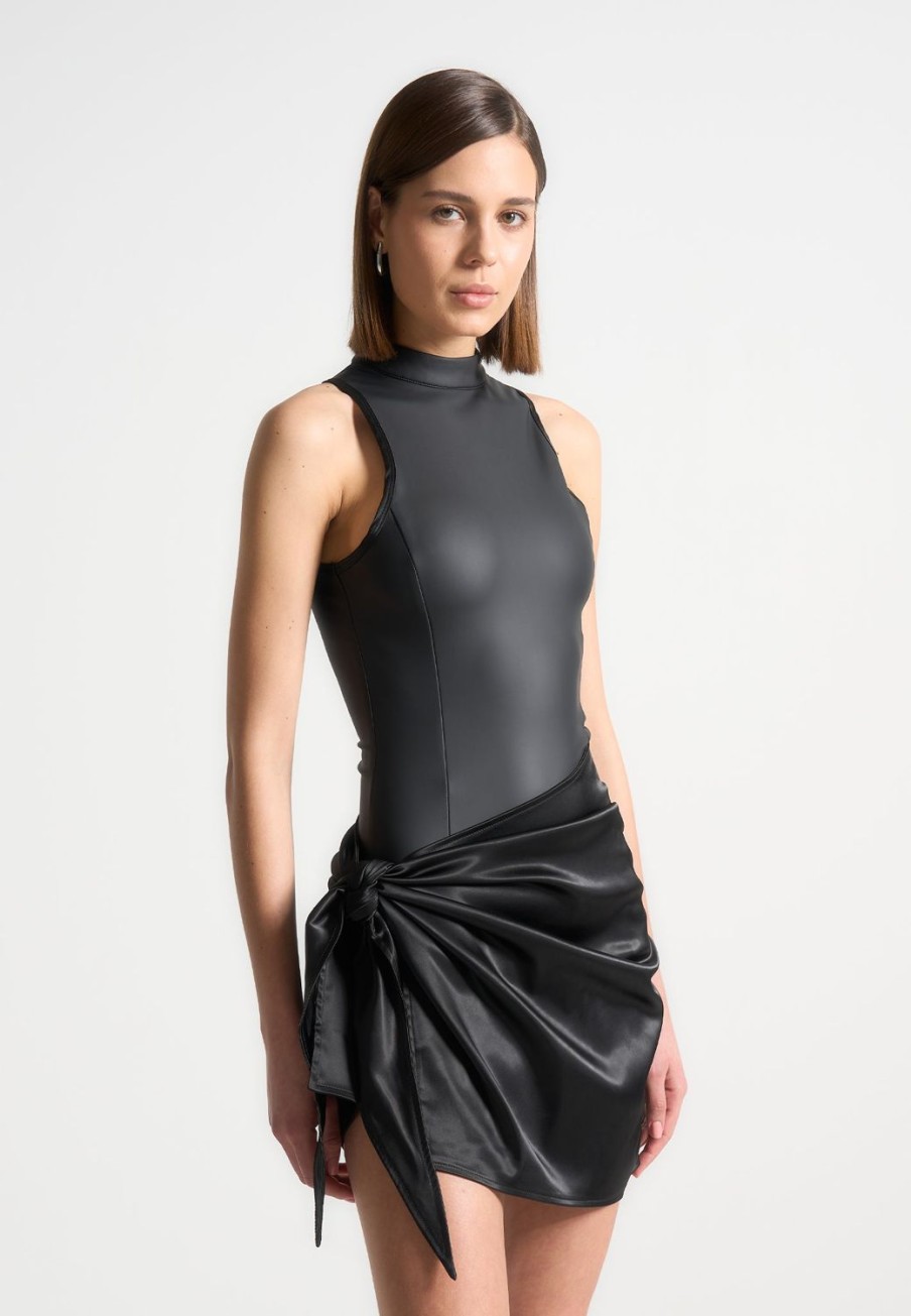Maniere De Voir Vegan Leather & Satin Wrap Bodycon Dress | Dresses