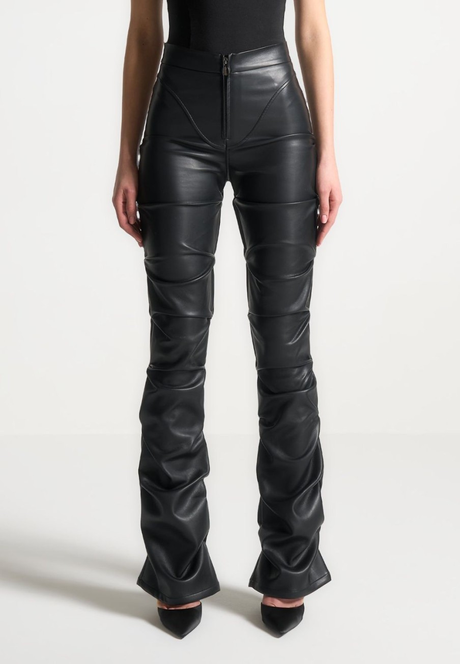 Maniere De Voir Tacked Vegan Leather Flared Trousers | Trousers
