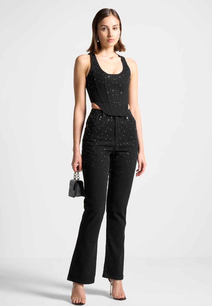 Maniere De Voir Scattered Rhinestone Mini Flare Jeans | Matching Sets