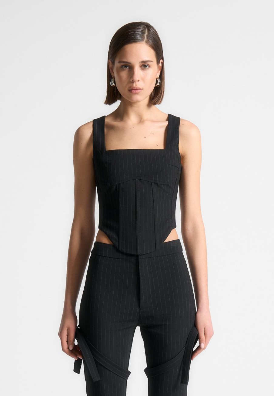 Maniere De Voir Square Neck Pinstripe Corset Top | Tops & T Shirts