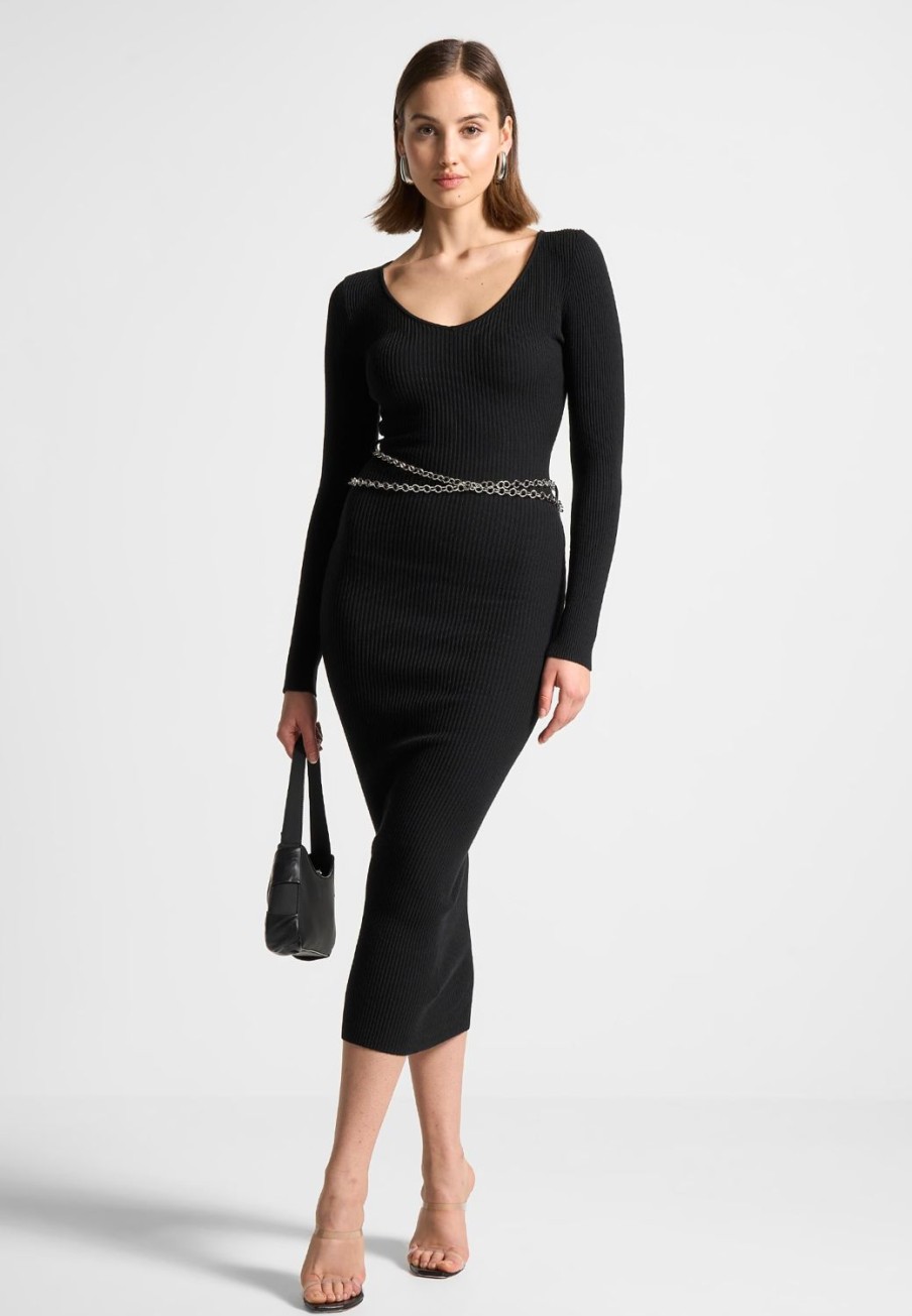 Maniere De Voir Ribbed Knit Midaxi Dress With Chain Belt | Knitwear