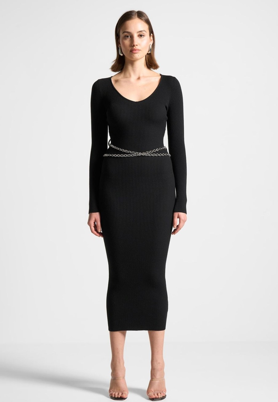 Maniere De Voir Ribbed Knit Midaxi Dress With Chain Belt | Knitwear