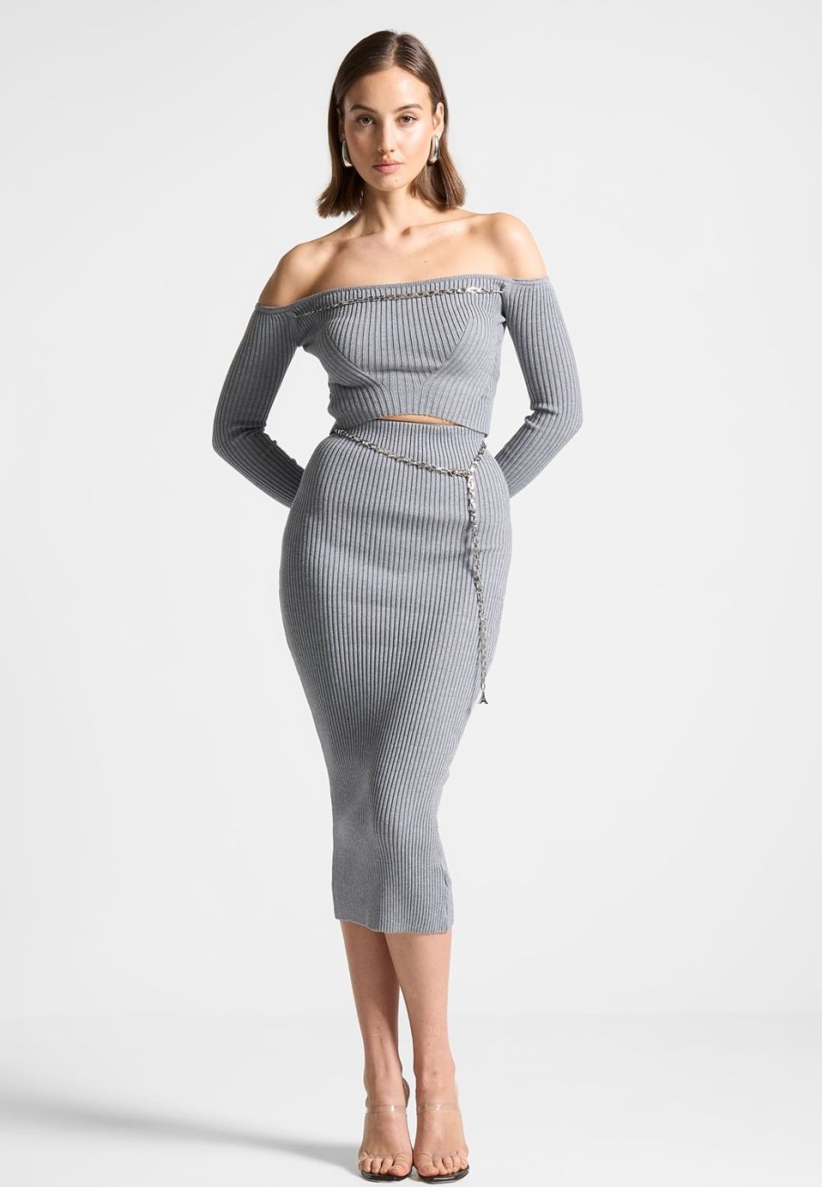 Maniere De Voir Ribbed Knit Midaxi Skirt With Chain Belt | Knitwear