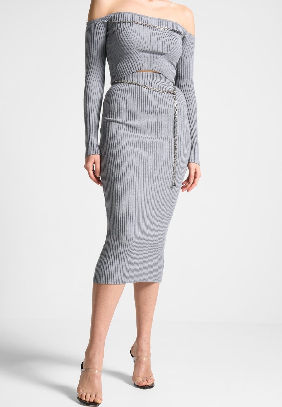 Maniere De Voir Ribbed Knit Midaxi Skirt With Chain Belt | Knitwear